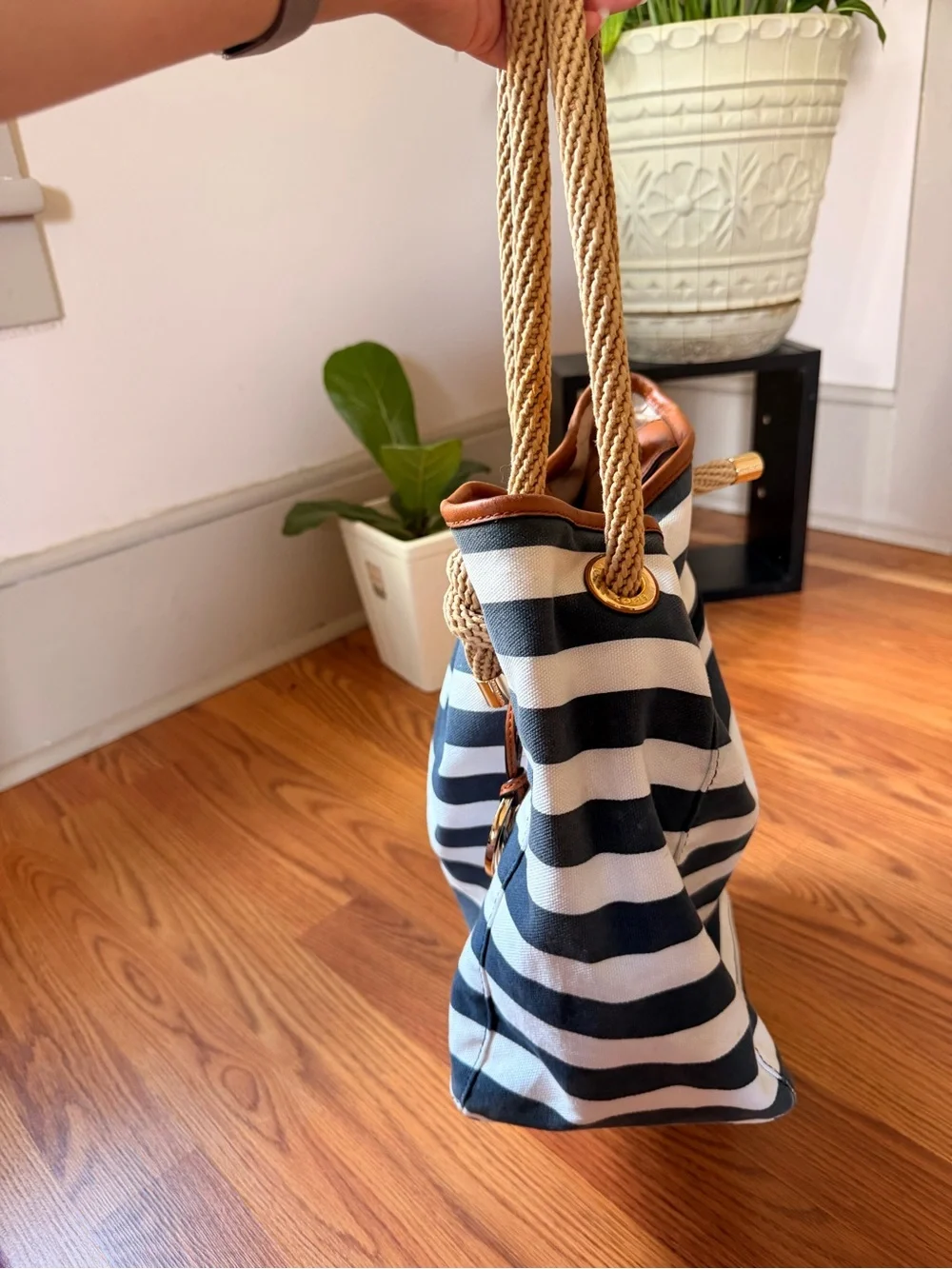 Michael Kors Marina Navy and White Striped Rope-Handle Tote Like New - Picture 3 of 12